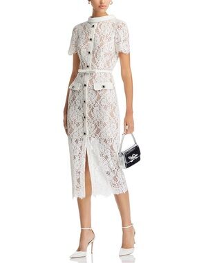 Self-Portrait White Lace Button-Front Midi Dress